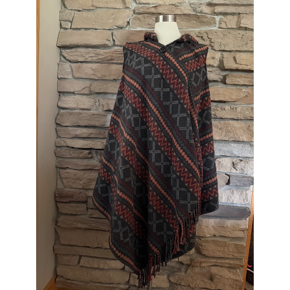 Jack by BB Dakota Hooded Poncho Vest Geometric Fringe Southwestern Grey Orange M